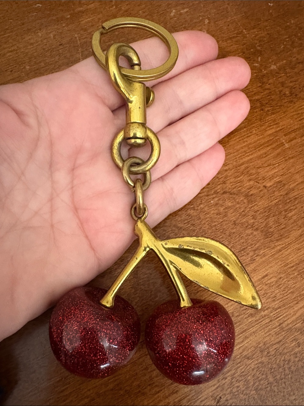 Gold Metal Cherry Keychain with Red Glitter Cherries
